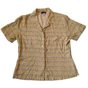 ANDREA VICCARO Silk Short Sleeve Button up Tailored Fit Blue Green Yellow Size L